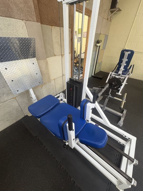 Leg machines with blue upholstery